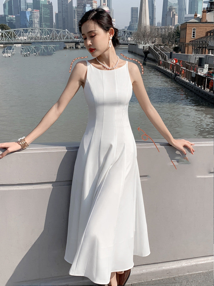 White Strap Dress With Waistband Closure Aclosy