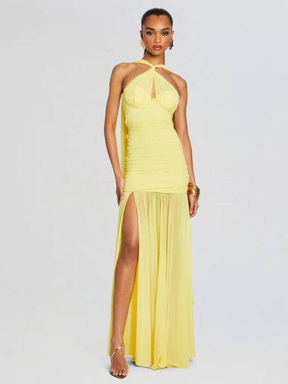 Maliya Halter Mesh Slit Maxi Dress