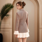 Waist-cinching Plaid Color-block Pleated Waist Design Elegant Dress aclosy