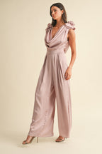 MABLE 3D Floral Applique Deep Cowl Neck Jumpsuit Trendsi