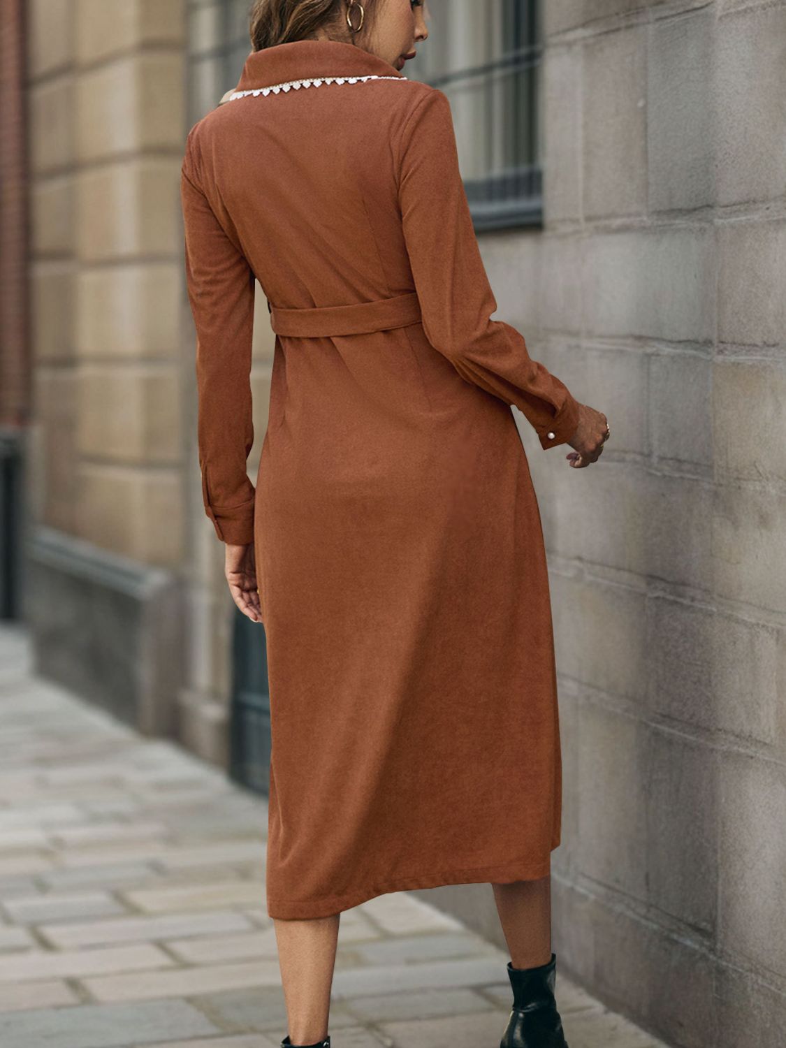 Perfee Lace Detail Collared Neck Long Sleeve Midi Dress Trendsi