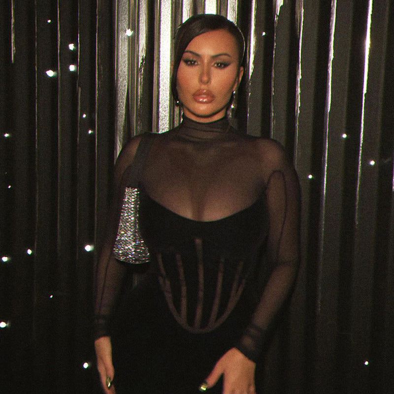 Sexy Turtleneck Flocking Mesh High Waist Tight-fitting Solid Color Sheath Dress aclosy