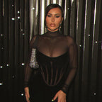 Sexy Turtleneck Flocking Mesh High Waist Tight-fitting Solid Color Sheath Dress aclosy