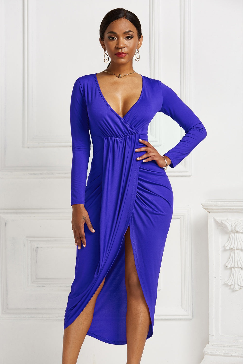 High-low Ruched Surplice Long Sleeve Dress Trendsi