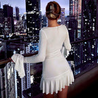 Solid Color Low Cut Long Sleeve Ruffled Dress aclosy