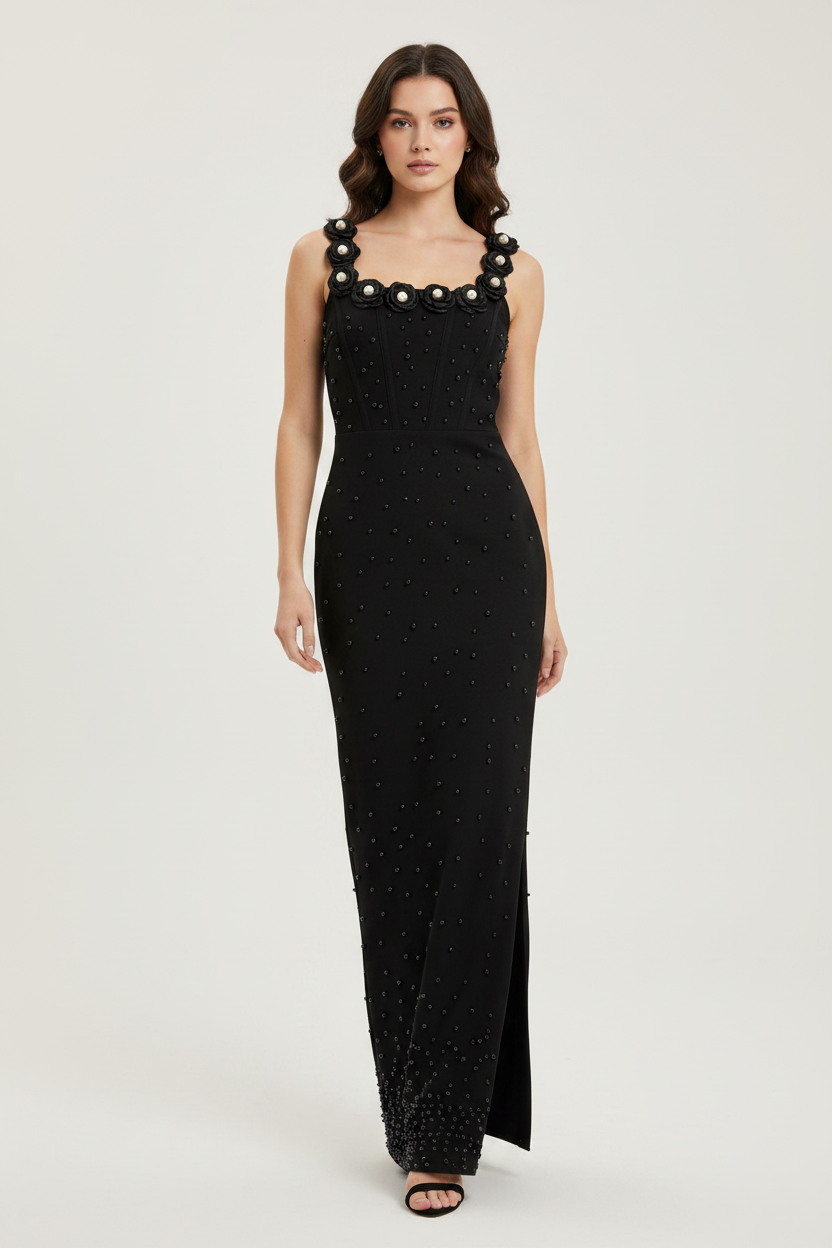 Elegant Floral Beaded Bandage Maxi Dress