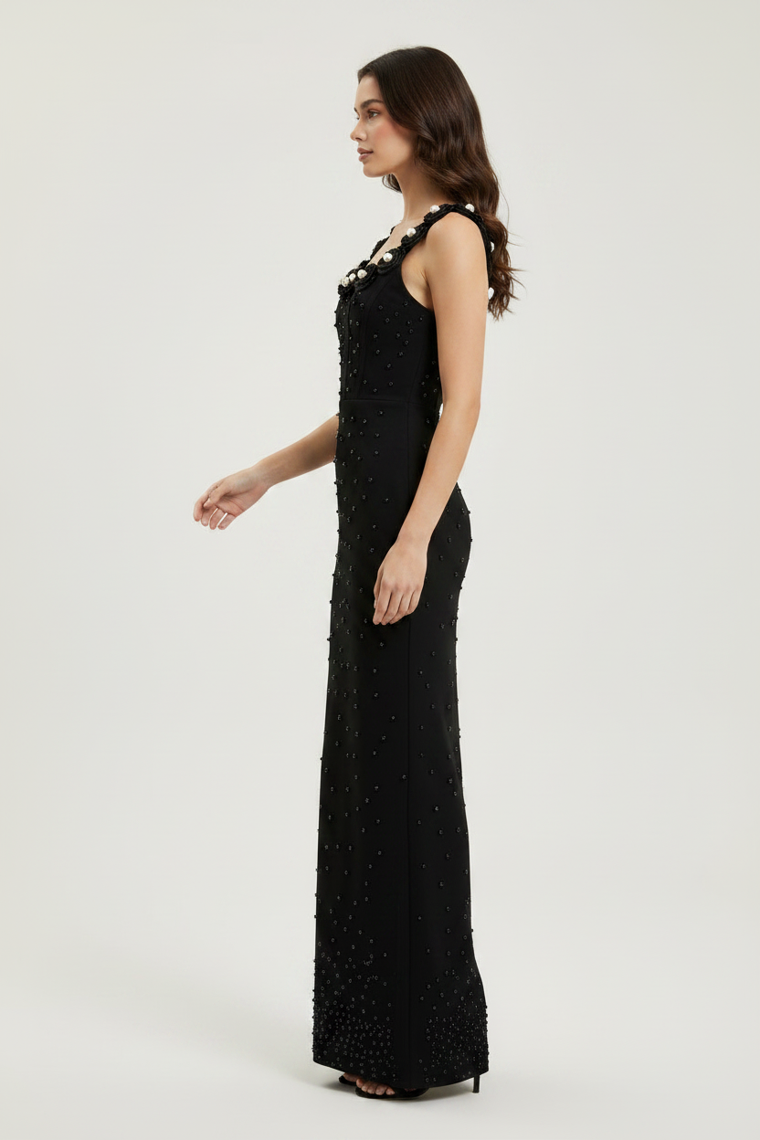 Elegant Floral Beaded Bandage Maxi Dress