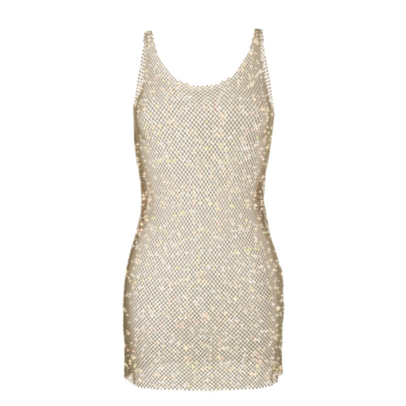 Women's Light Diamond Fishnet Sequined Sexy Hollow-out Camisole Dress Aclosy