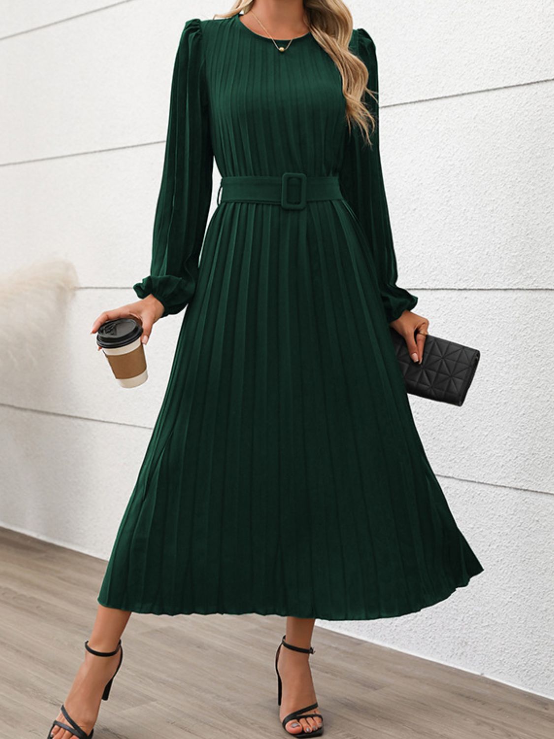 Perfee Pleated Round Neck Long Sleeve Midi Dress Trendsi