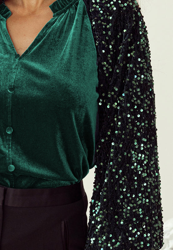 Sequin Notched Long Sleeve Blouse Trendsi