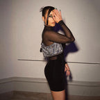 Sexy Turtleneck Flocking Mesh High Waist Tight-fitting Solid Color Sheath Dress aclosy