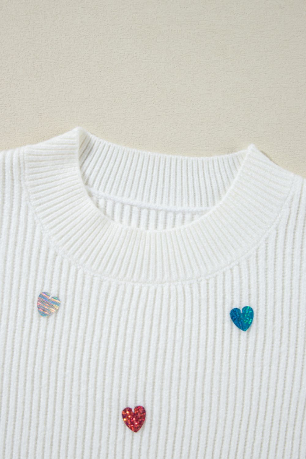 Heart Sequin Round Neck Long Sleeve Sweater Trendsi