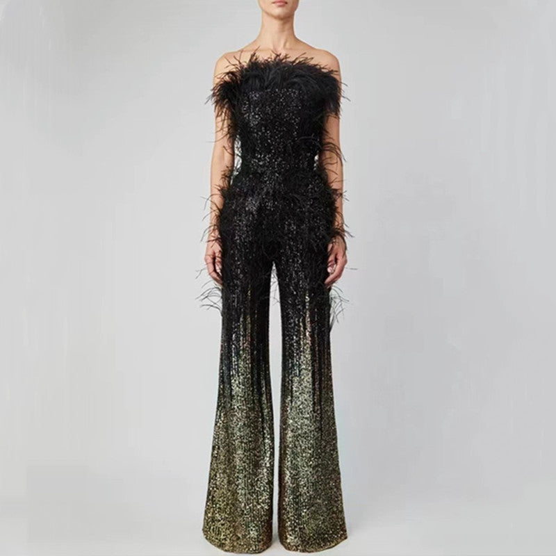 Ostrich Feather Gradient Sequin Tube Top Jumpsuit aclosy