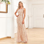 Women's Fashionable Sleeveless Round Neck Sparkling Evening Gown aclosy