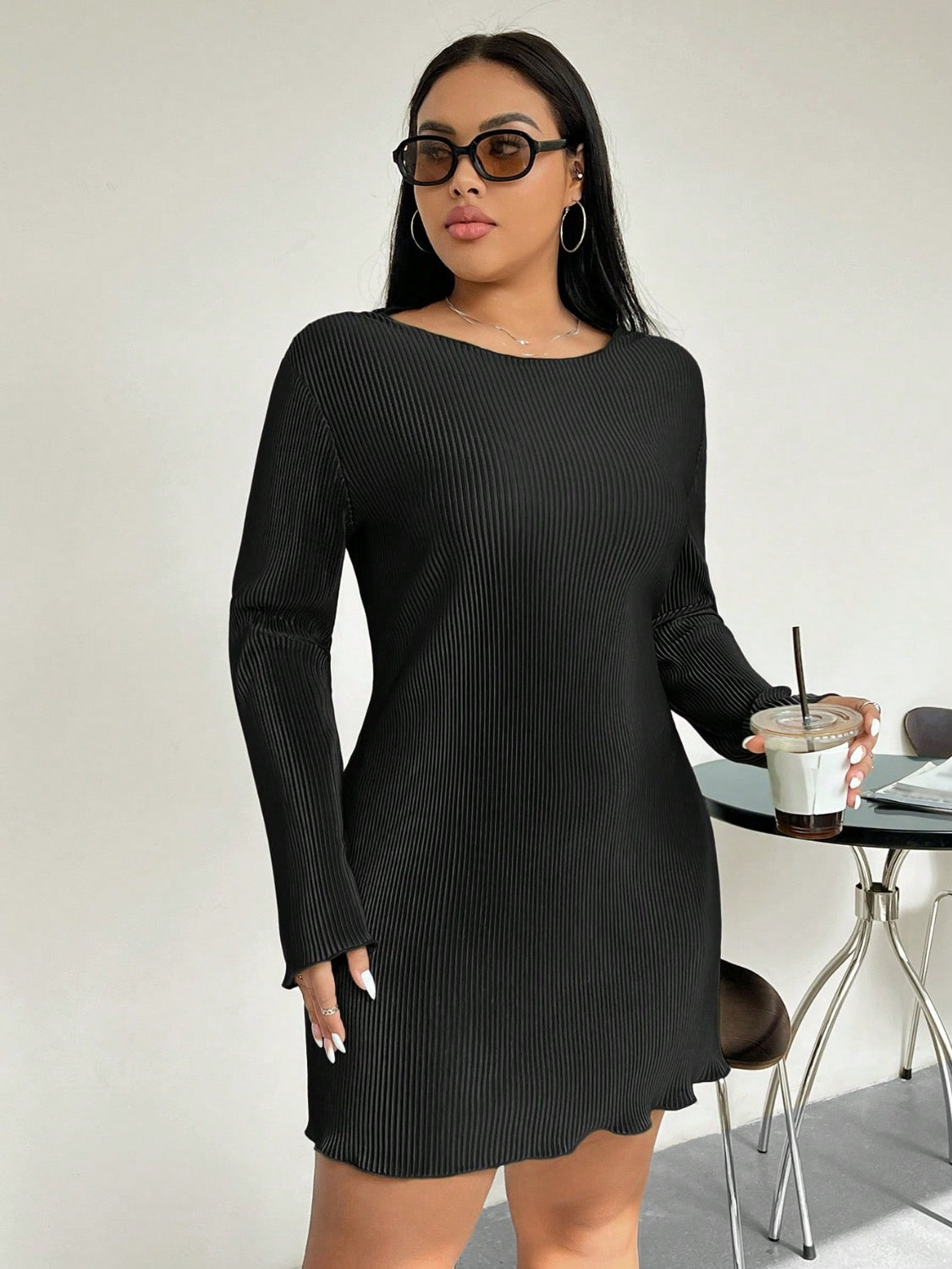 Honey Plus Size Lettuce Hem Round Neck Long Sleeve Dress Trendsi