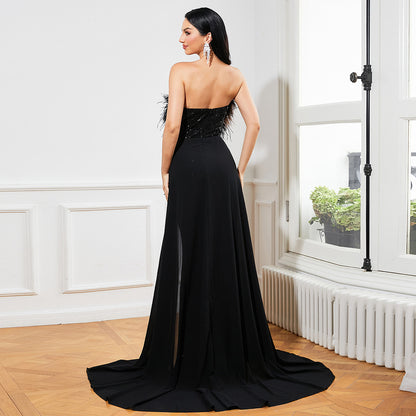 European And American Temperament Long Sequined Sleeveless Wrapped Chest Backless Banquet Evening Dress aclosy