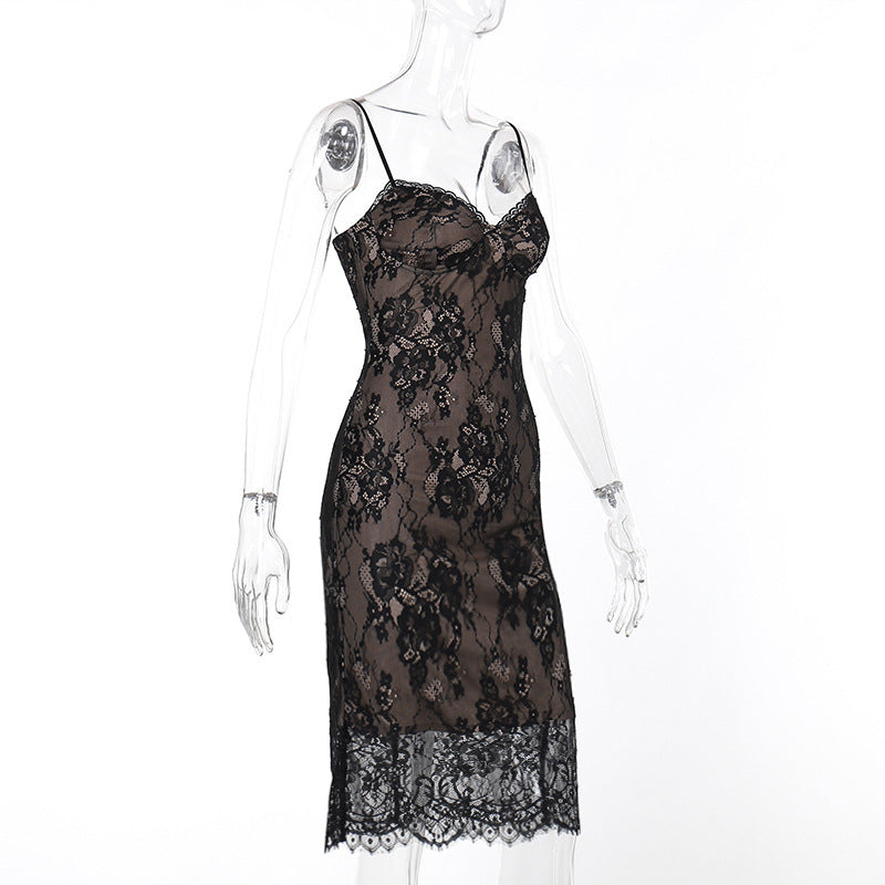 Waist-tight Sheath Dress Eyelash Lace Sling Dress aclosy