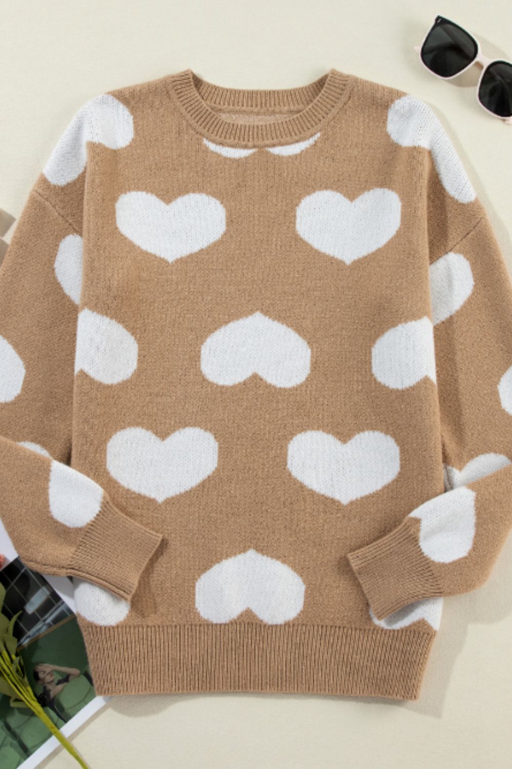 Heart Round Neck Long Sleeve Sweater Trendsi