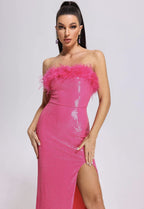 Burr Tube Top High Slit Glossy Cinched Bodycon Dress Aclosy