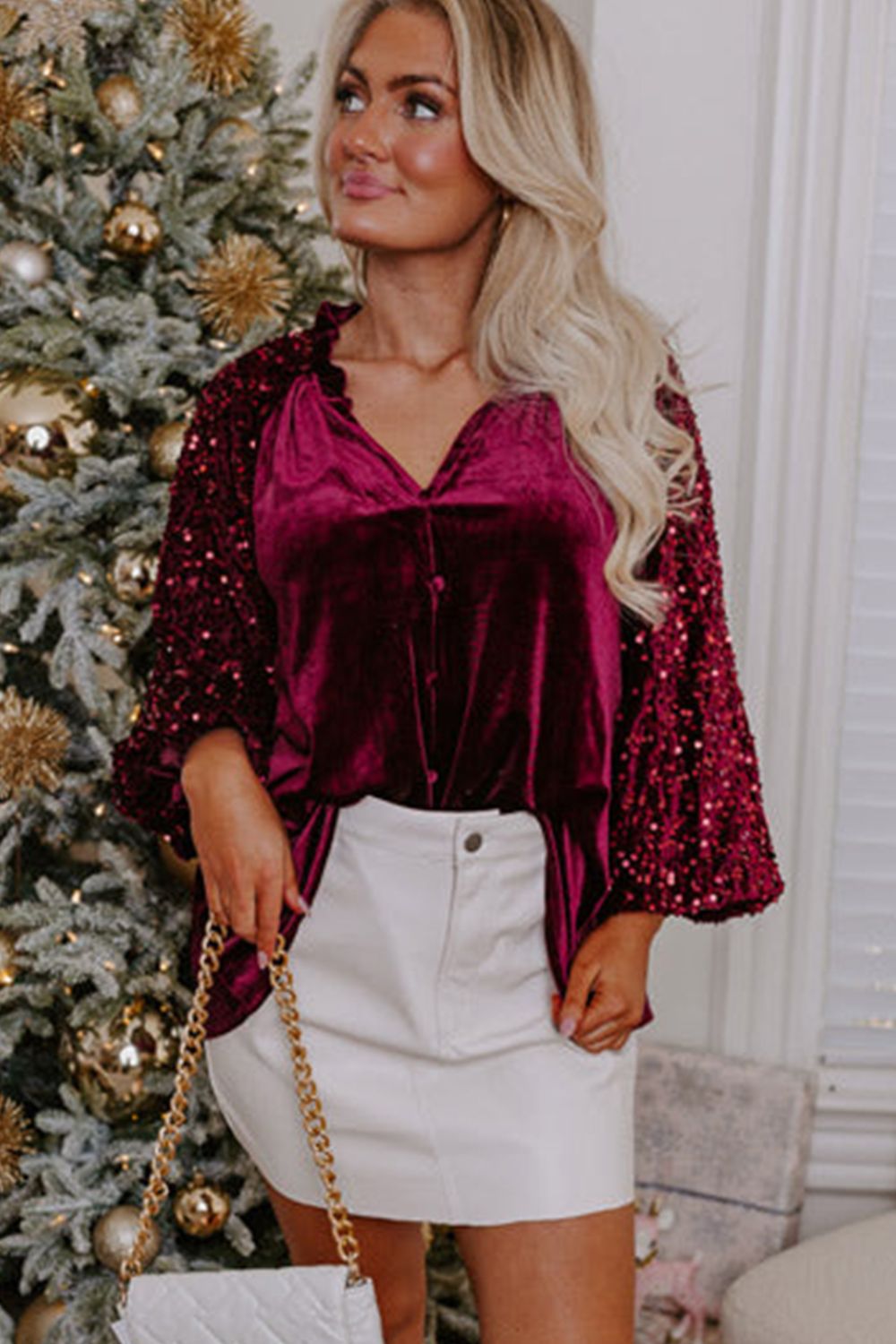 Sequin Notched Long Sleeve Blouse Trendsi