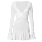Akaila Low Cut Long Sleeve Ruffled Mini Dress