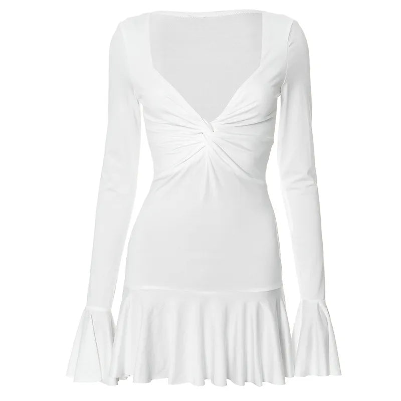 Akaila Low Cut Long Sleeve Ruffled Mini Dress