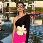 Long Sleeve Rose Red Color Matching Beaded Flower One-shoulder Dress Aclosy