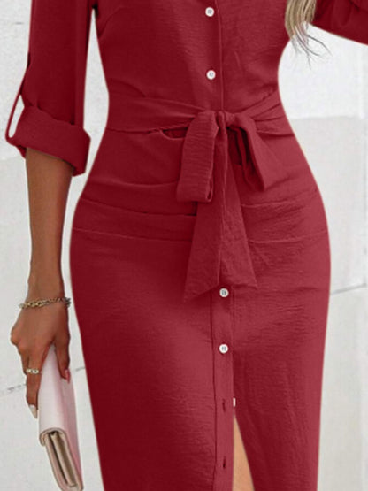 Tied Button Up Collared Neck Roll-Tab Sleeve Dress Trendsi