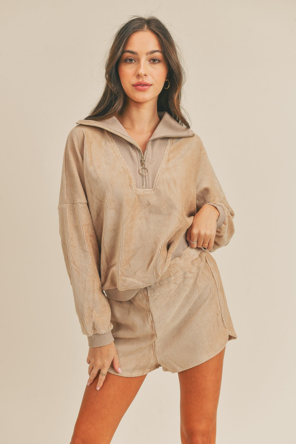 MABLE Corduroy Half Zip Top and Shorts Set Trendsi