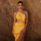 Women's Slant Shoulder Hollow Pleated High Slit Long Dress aclosy