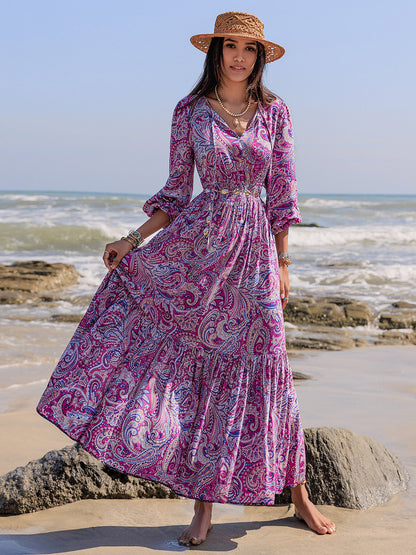 Printed Tie Neck Balloon Sleeve Maxi Dress Trendsi