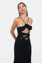 Flower Hollow Slim -fitting Neck Mid -length Suspender Dress aclosy