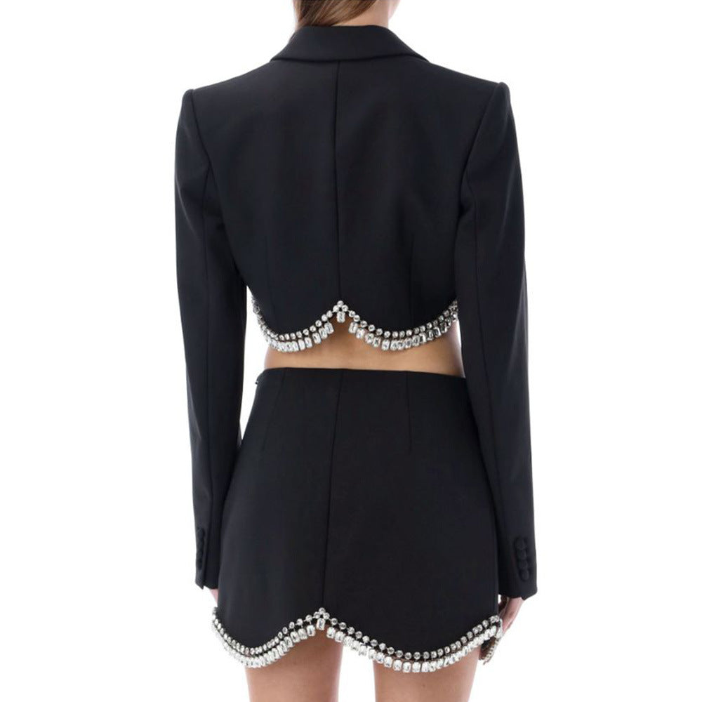 Fashion Long Sleeve Tassel Top Short Skirt Two-piece Set aclosy
