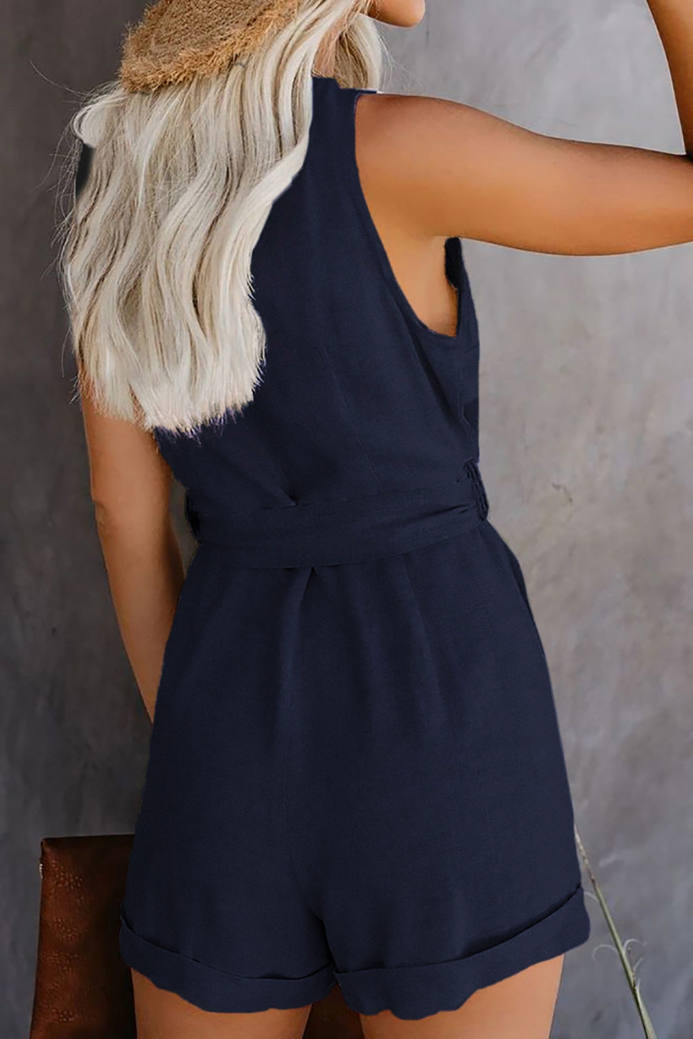 Full Size Tied V-Neck Sleeveless Romper with Pockets Trendsi