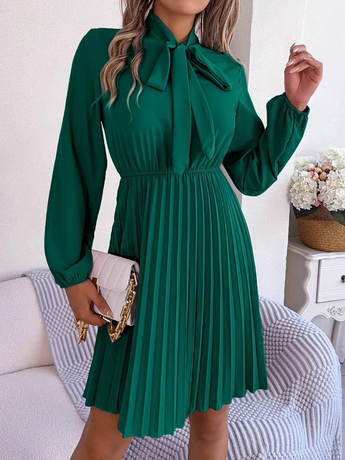 Tie Neck Balloon Sleeve Pleated Dress Trendsi