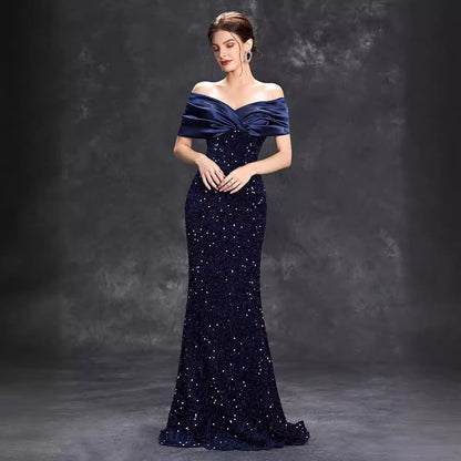 New Off-shoulder Evening Dress New Slim Fishtail Sexy Temperament Christmas Party Dress aclosy