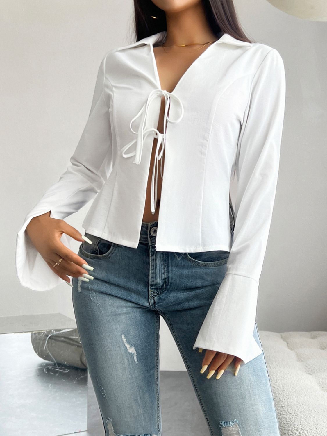 Devine Slit Tied Collared Neck Long Sleeve Blouse Trendsi