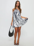 Alisia Mini Sequin Party Dress-Silver aclosy