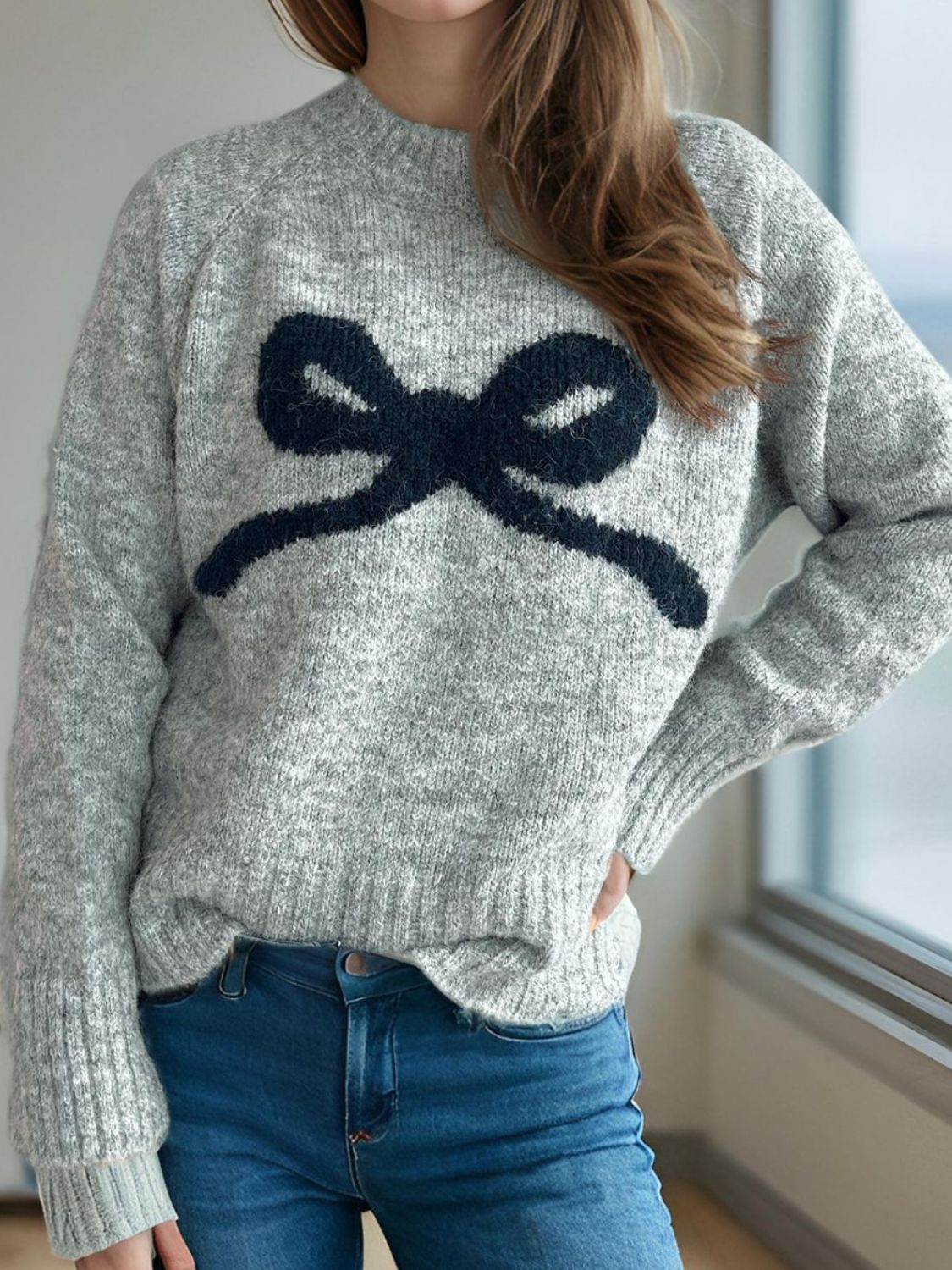 Bow Round Neck Long Sleeve Sweater Trendsi