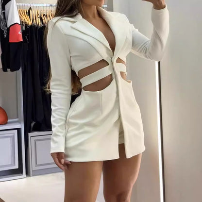 Women's Lapel Long Sleeve Hollow-out Solid Color Mini Dress