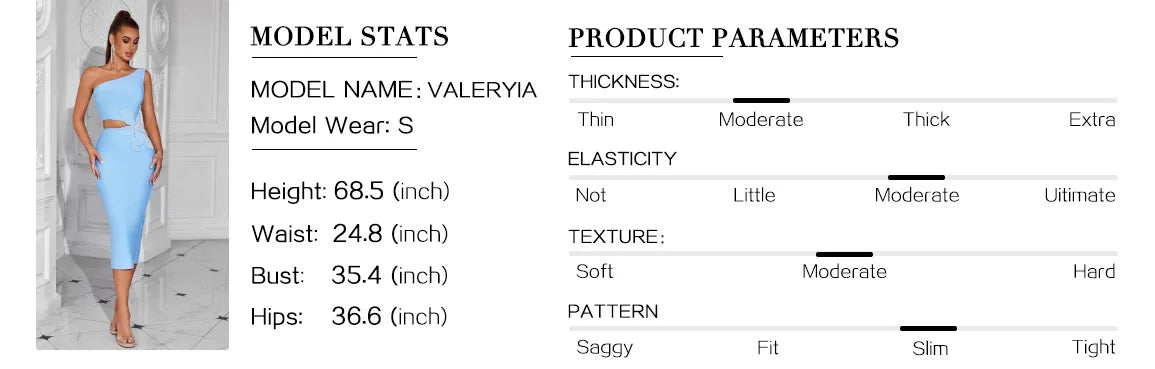 Model stats and product parameters for a light blue dress with a woman wearing it.