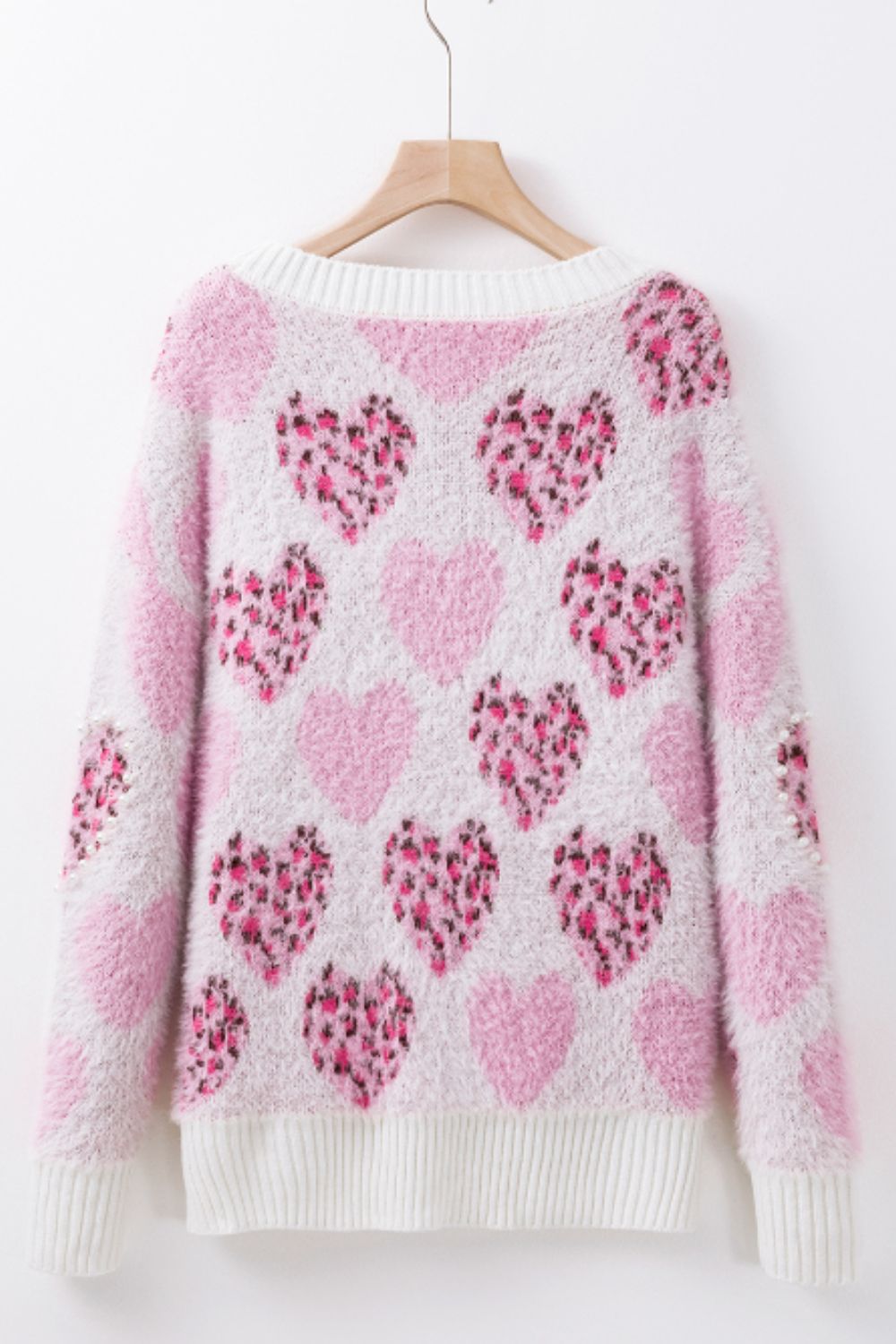 Pearl Detail Heart Round Neck Sweater Trendsi