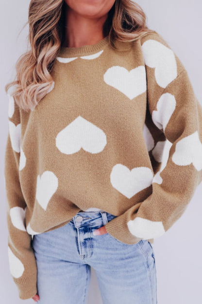 Heart Round Neck Long Sleeve Sweater Trendsi