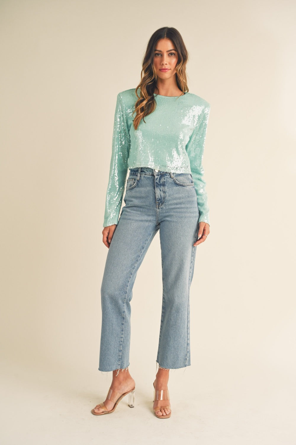 MABLE Shoulder Padded Sequin Crop Top Trendsi