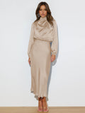 Elegant sleeved halter neck satin evening dress