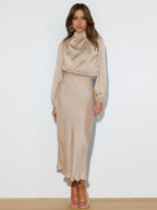 Elegant sleeved halter neck satin evening dress