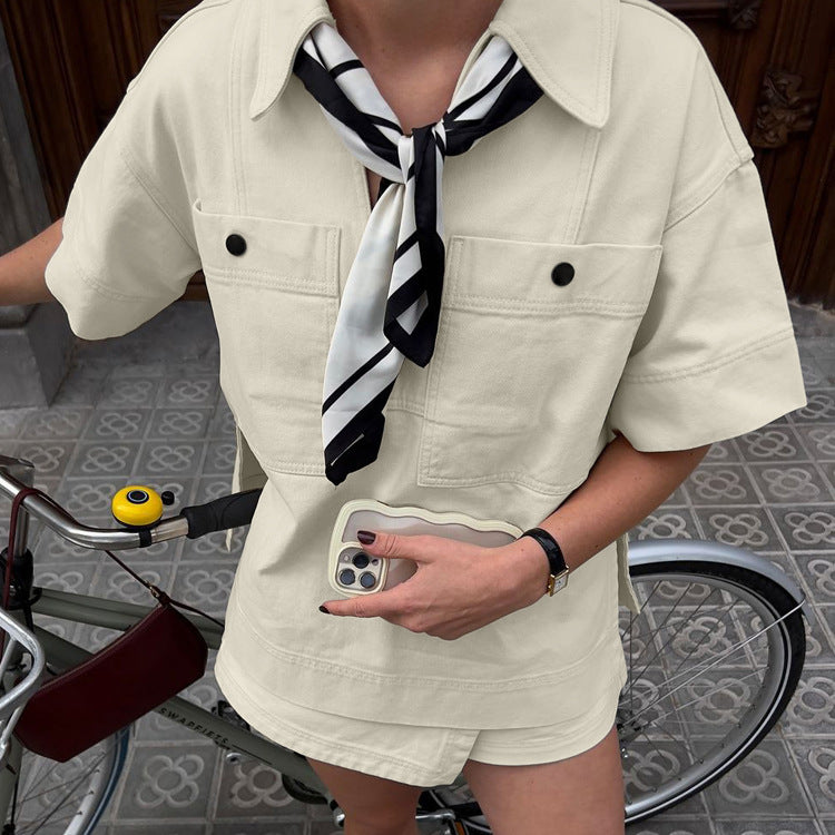 Lapel Short Sleeve Pocket Pullover Top High-waisted Trousers Skirt Two-piece Set Aclosy