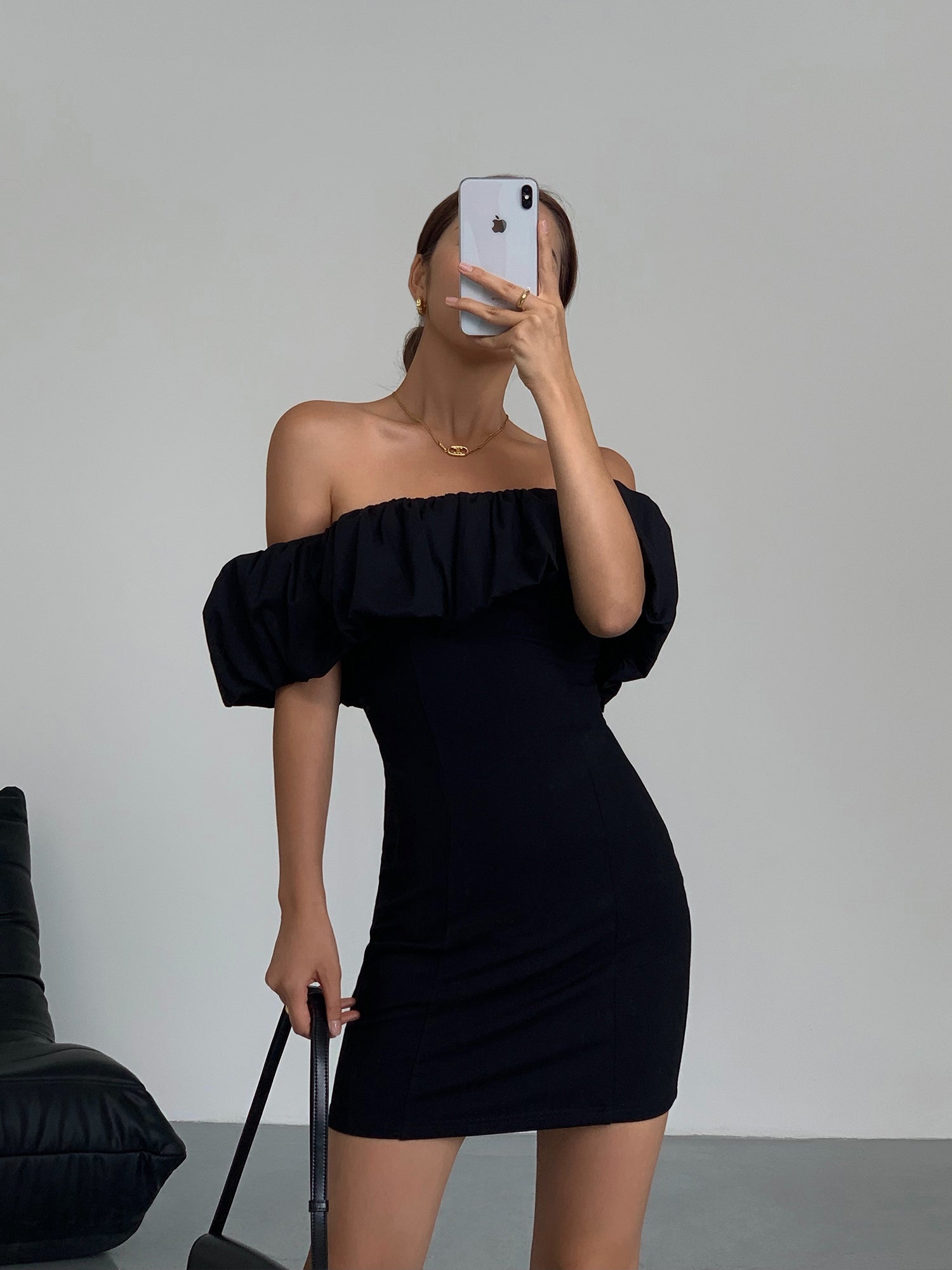 Black French Ruffle One-Shoulder Dress aclosy