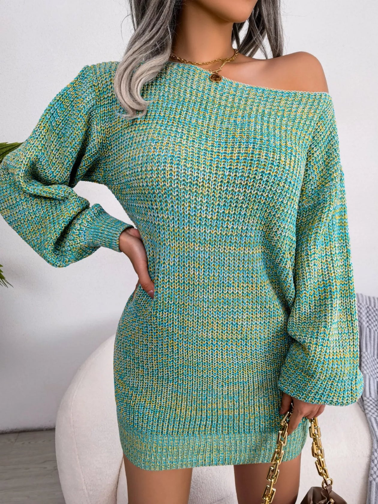 one shoulder sweater dress Knit Color Available Multi-Color One-Shoulder Sweater Dress