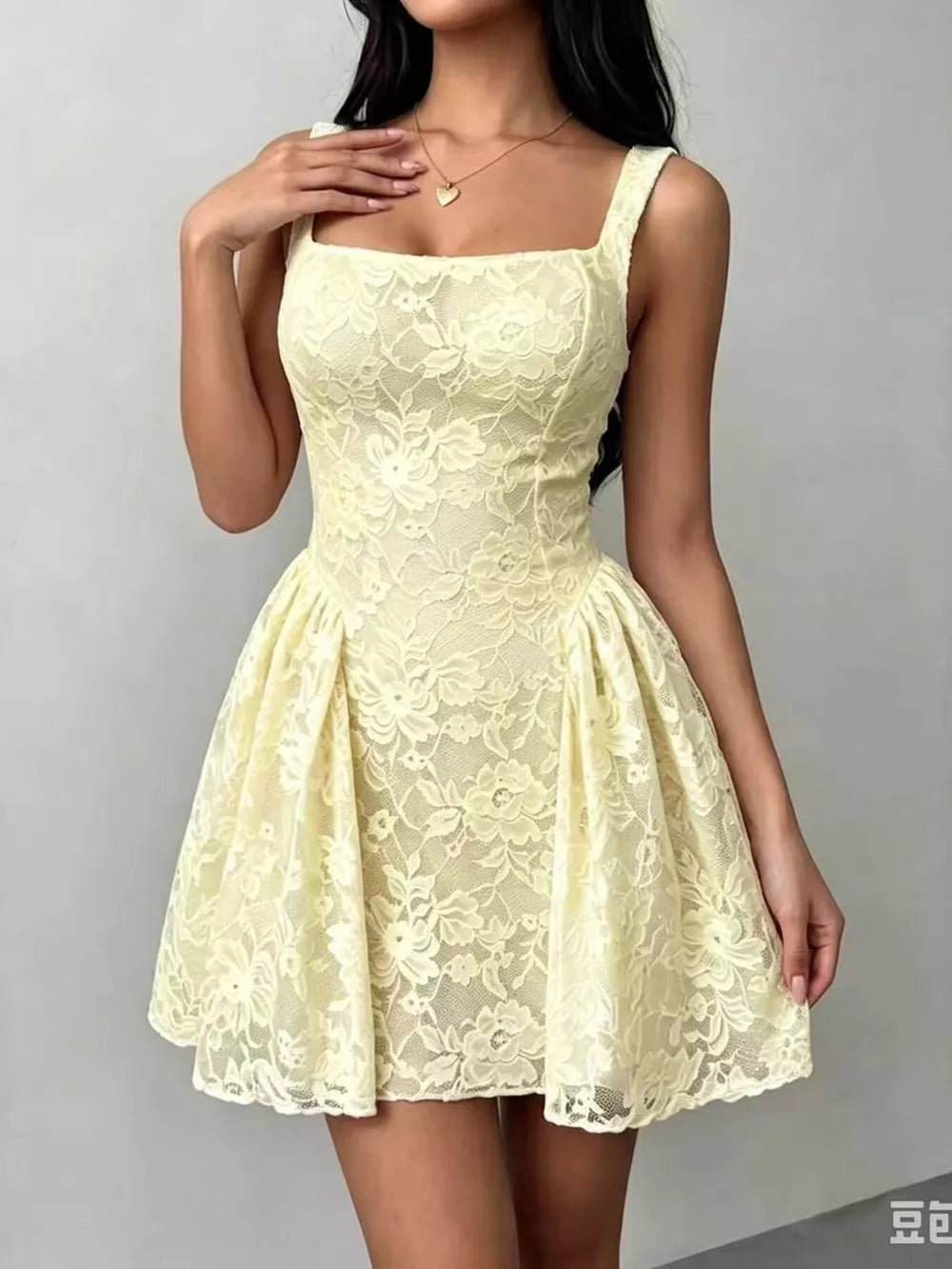 Lila floral lace square-neck mini dress
